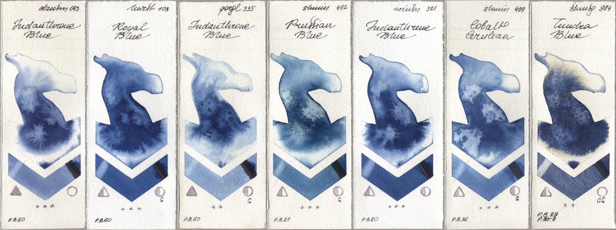 Daniel Smith 043 Indanthrone Blue, Holbein Artists Watercolor 103 Royal Blue, Golden QOR 335 Indanthrone Blue, Shminke Horadam Aquarell 492 Prussian Blue, Winsor & Newton Professional 321 Indanthrene Blue, 499 Cobalt Cerulean, 984 Tundra Bl watercolor swatch