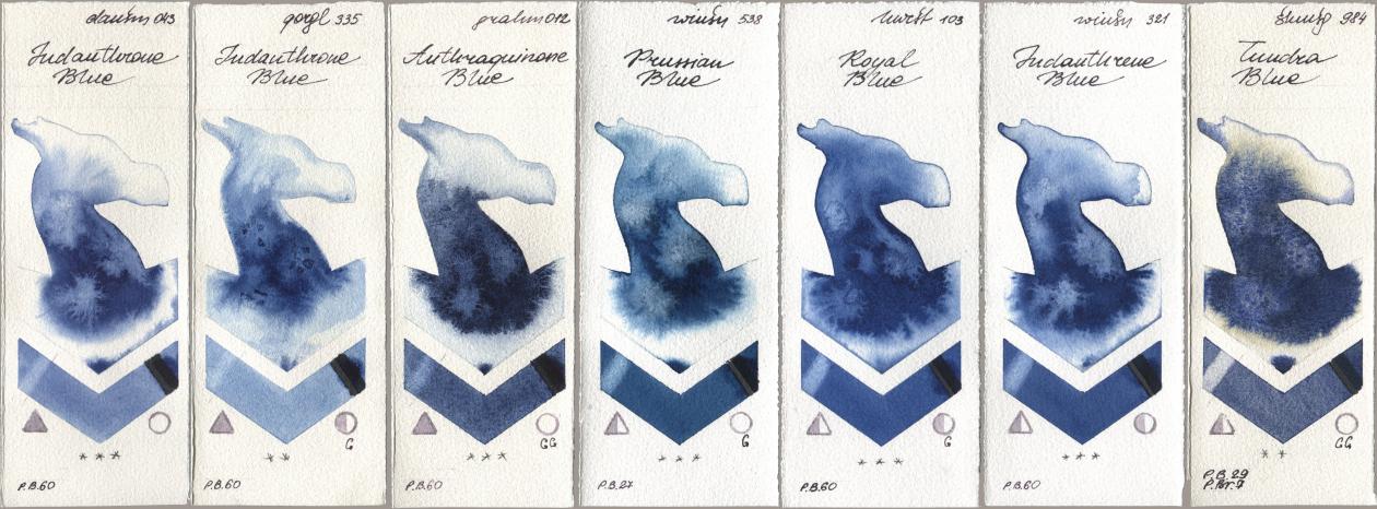 Daniel Smith 043 Indanthrone Blue, Golden QOR 335 Indanthrone Blue, M. Graham & Co. Artists 012 Anthraquinone Blue, Winsor & Newton Professional 538 Prussian Blue, Holbein Artists Watercolor 103 Royal Blue, 321 Indanthrene Blue, Shminke Horadam Aquarell 984 Tundra Bl watercolor swatch