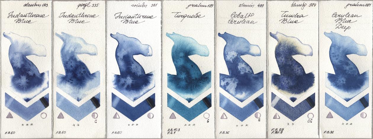 Daniel Smith 043 Indanthrone Blue, Golden QOR 335 Indanthrone Blue, Winsor & Newton Professional 321 Indanthrene Blue, M. Graham & Co. Artists 189 Turquoise, Shminke Horadam Aquarell 499 Cobalt Cerulean, 984 Tundra Blue, 081 Cerulean Blue De watercolor swatch