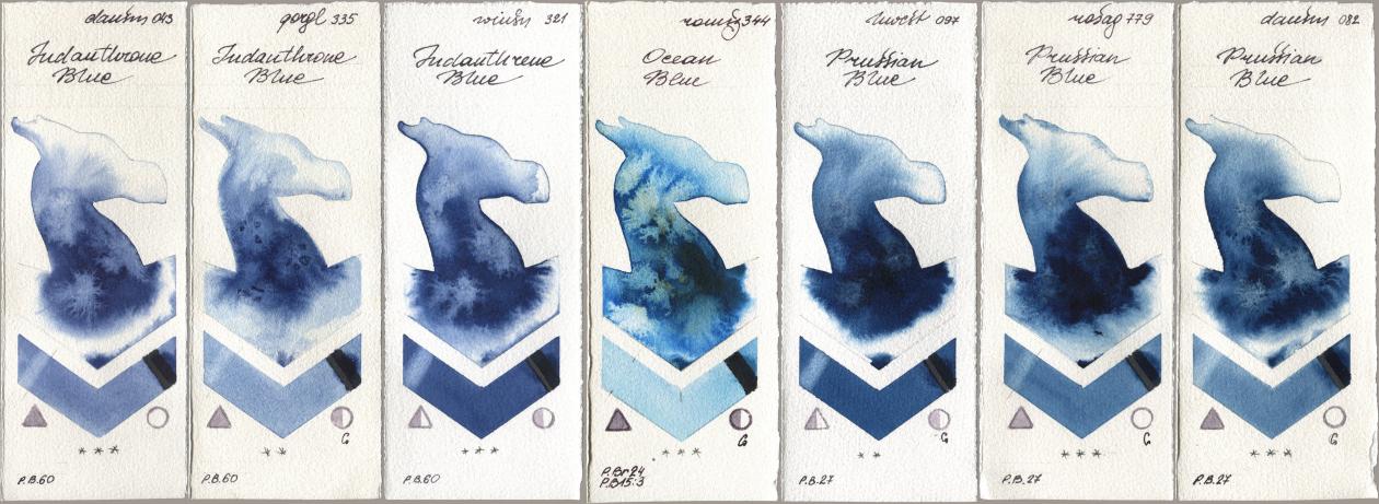 Daniel Smith 043 Indanthrone Blue, Golden QOR 335 Indanthrone Blue, Winsor & Newton Professional 321 Indanthrene Blue, Roman Szmal Aquarius 344 Ocean Blue, Holbein Artists Watercolor 097 Prussian Blue, Rosa Gallery 779 Prussian Blue, 082 Prussian Bl watercolor swatch