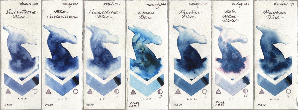 Daniel Smith 043 Indanthrone Blue, Rosa Gallery 738 Blue Indanthrene, Golden QOR 335 Indanthrone Blue, Roman Szmal Aquarius 344 Ocean Blue, 779 Prussian Blue, SuperVision 736 Rose Blue Violet, 082 Prussian Bl watercolor swatch