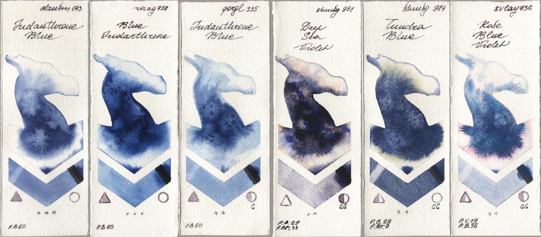 Daniel Smith 043 Indanthrone Blue, Rosa Gallery 738 Blue Indanthrene, Golden QOR 335 Indanthrone Blue, Shminke Horadam Aquarell 951 Deep Sea Violet, 984 Tundra Blue, SuperVision 736 Rose Blue Viol watercolor swatch