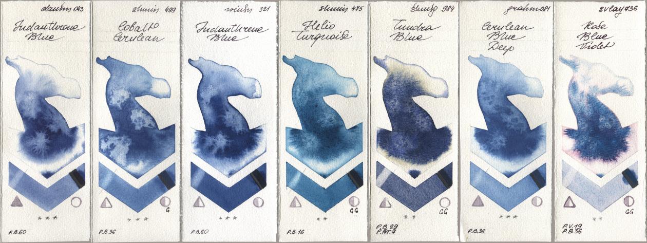 Daniel Smith 043 Indanthrone Blue, Shminke Horadam Aquarell 499 Cobalt Cerulean, Winsor & Newton Professional 321 Indanthrene Blue, 475 Helio Turquoise, 984 Tundra Blue, M. Graham & Co. Artists 081 Cerulean Blue Deep, SuperVision 736 Rose Blue Viol watercolor swatch