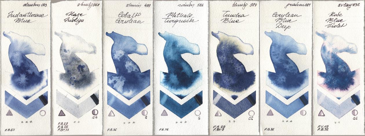 Daniel Smith 043 Indanthrone Blue, Shminke Horadam Aquarell 968 Haze Indigo, 499 Cobalt Cerulean, Winsor & Newton Professional 526 Phthalo Turquoise, 984 Tundra Blue, M. Graham & Co. Artists 081 Cerulean Blue Deep, SuperVision 736 Rose Blue Viol watercolor swatch