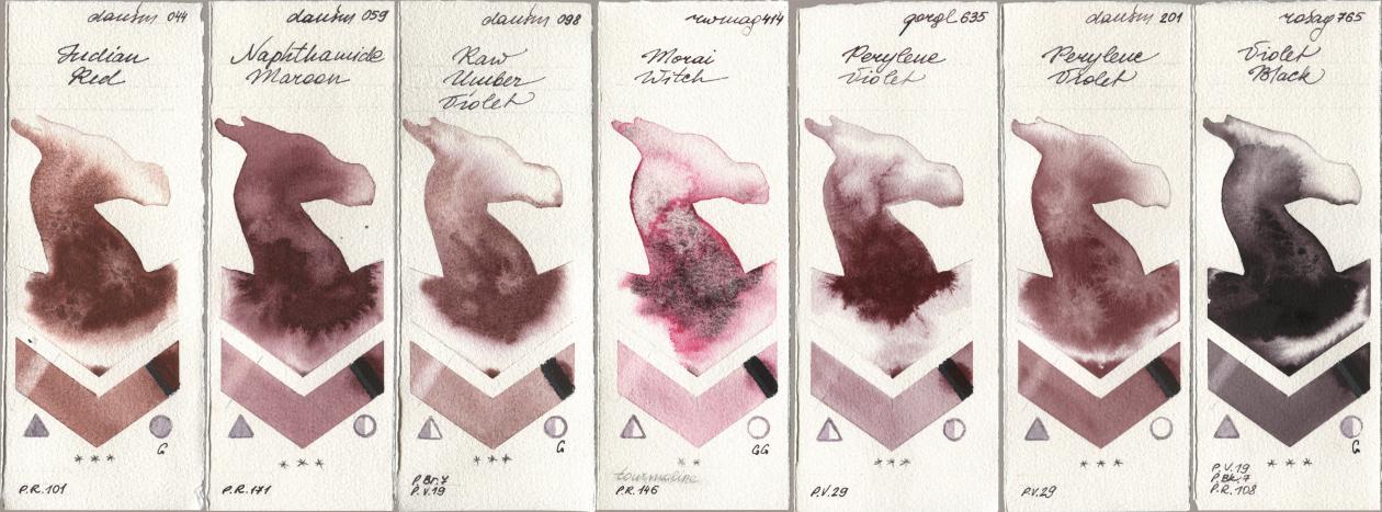 Daniel Smith 044 Indian Red, 059 Naphthamide Maroon, 098 Raw Umber Violet, Rockwell 414 Morai Witch, Golden QOR 635 Perylene Violet, 201 Perylene Violet, Rosa Gallery 765 Violet Bla watercolor swatch