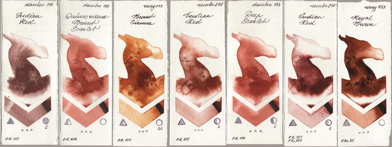 Daniel Smith 044 Indian Red, 087 Quinacridone Burnt Scarlet, Rosa Gallery 733 Burnt Sienna, Royal Talens Rembrandt Watercolour 349 Venerian Red, 033 Deep Scarlet, 347 Indian Red, 753 Royal Bro watercolor swatch