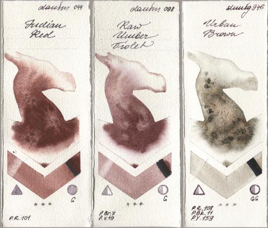 Daniel Smith 044 Indian Red, 098 Raw Umber Violet, Shminke Horadam Aquarell 946 Urban Bro watercolor swatch