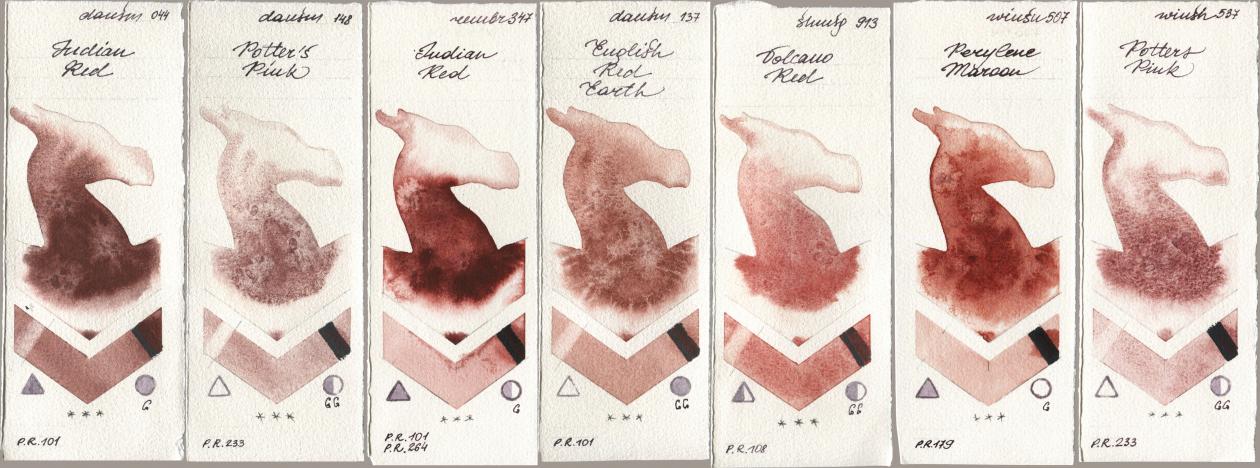 Daniel Smith 044 Indian Red, 148 Potters Pink, Royal Talens Rembrandt Watercolour 347 Indian Red, 137 English Red Earth, Shminke Horadam Aquarell 913 Volcano Red, Winsor & Newton Professional 507 Perylene Maroon, 537 Potters Pi watercolor swatch
