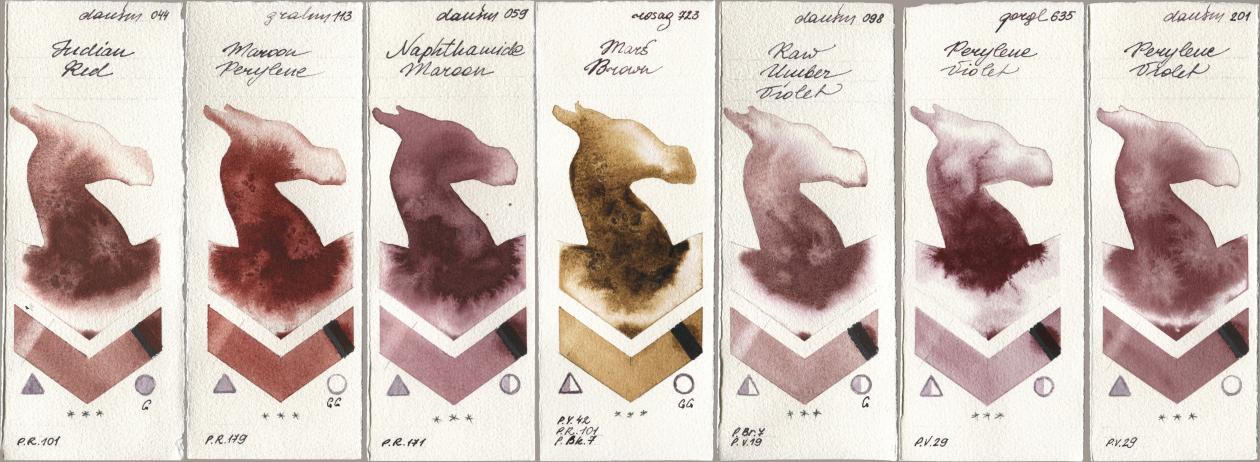 Daniel Smith 044 Indian Red, M. Graham & Co. Artists 113 Maroon Perylene, 059 Naphthamide Maroon, Rosa Gallery 723 Mars Brown, 098 Raw Umber Violet, Golden QOR 635 Perylene Violet, 201 Perylene Viol watercolor swatch