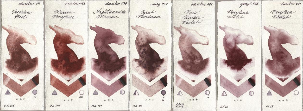 Daniel Smith 044 Indian Red, M. Graham & Co. Artists 113 Maroon Perylene, 059 Naphthamide Maroon, Rosa Gallery 758 Caput Mortuum, 098 Raw Umber Violet, Golden QOR 635 Perylene Violet, 201 Perylene Viol watercolor swatch