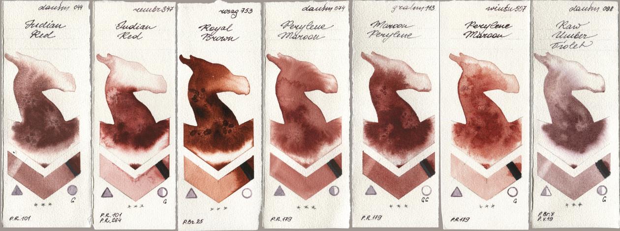 Daniel Smith 044 Indian Red, Royal Talens Rembrandt Watercolour 347 Indian Red, Rosa Gallery 753 Royal Brown, 074 Perylene Maroon, M. Graham & Co. Artists 113 Maroon Perylene, Winsor & Newton Professional 507 Perylene Maroon, 098 Raw Umber Viol watercolor swatch