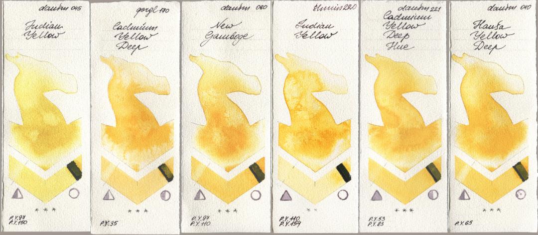 Daniel Smith 045 Indian Yellow, Golden QOR 170 Cadmium Yellow Deep, 060 New Gamboge, Shminke Horadam Aquarell 220 Indian Yellow, 221 Cadmium Yellow Deep Hue, 040 Hansa Yellow De watercolor swatch