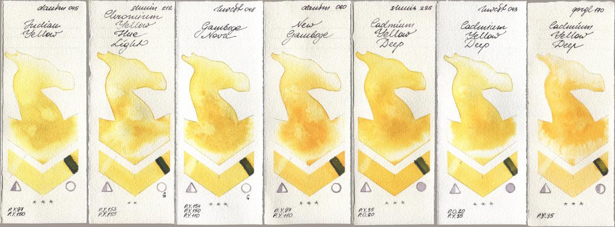 Daniel Smith 045 Indian Yellow, Shminke Horadam Aquarell 212 Chromium Yellow Hue Light, Holbein Artists Watercolor 048 Gamboge Nova, 060 New Gamboge, 226 Cadmium Yellow Deep, 043 Cadmium Yellow Deep, Golden QOR 170 Cadmium Yellow De watercolor swatch