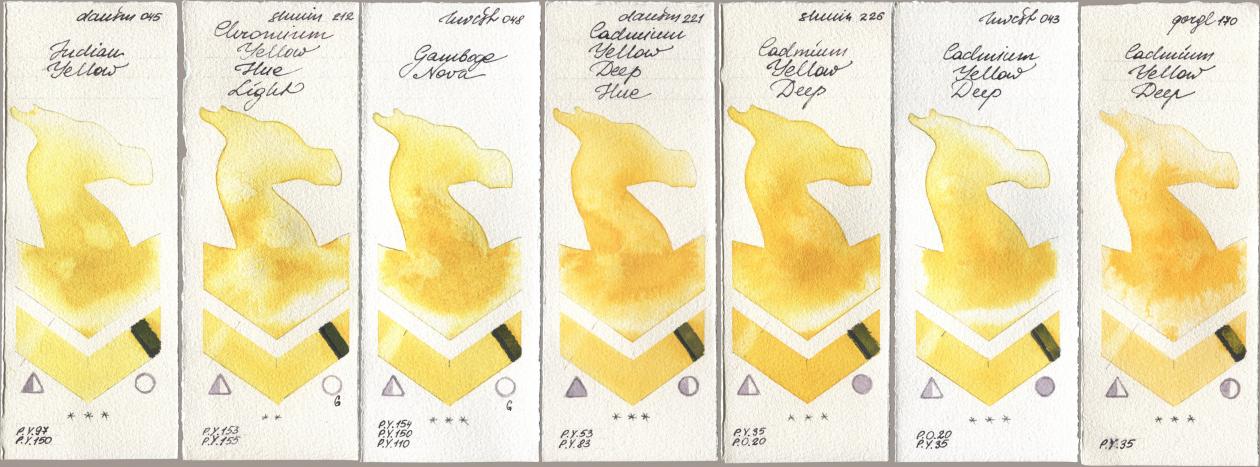 Daniel Smith 045 Indian Yellow, Shminke Horadam Aquarell 212 Chromium Yellow Hue Light, Holbein Artists Watercolor 048 Gamboge Nova, 221 Cadmium Yellow Deep Hue, 226 Cadmium Yellow Deep, 043 Cadmium Yellow Deep, Golden QOR 170 Cadmium Yellow De watercolor swatch