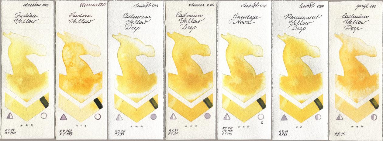 Daniel Smith 045 Indian Yellow, Shminke Horadam Aquarell 220 Indian Yellow, Holbein Artists Watercolor 043 Cadmium Yellow Deep, 226 Cadmium Yellow Deep, 048 Gamboge Nova, 037 Permanent Yellow Deep, Golden QOR 170 Cadmium Yellow De watercolor swatch
