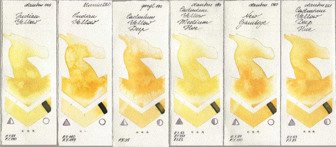 Daniel Smith 045 Indian Yellow, Shminke Horadam Aquarell 220 Indian Yellow, Golden QOR 170 Cadmium Yellow Deep, 184 Cadmium Yellow Medium Hue, 060 New Gamboge, 221 Cadmium Yellow Deep H watercolor swatch