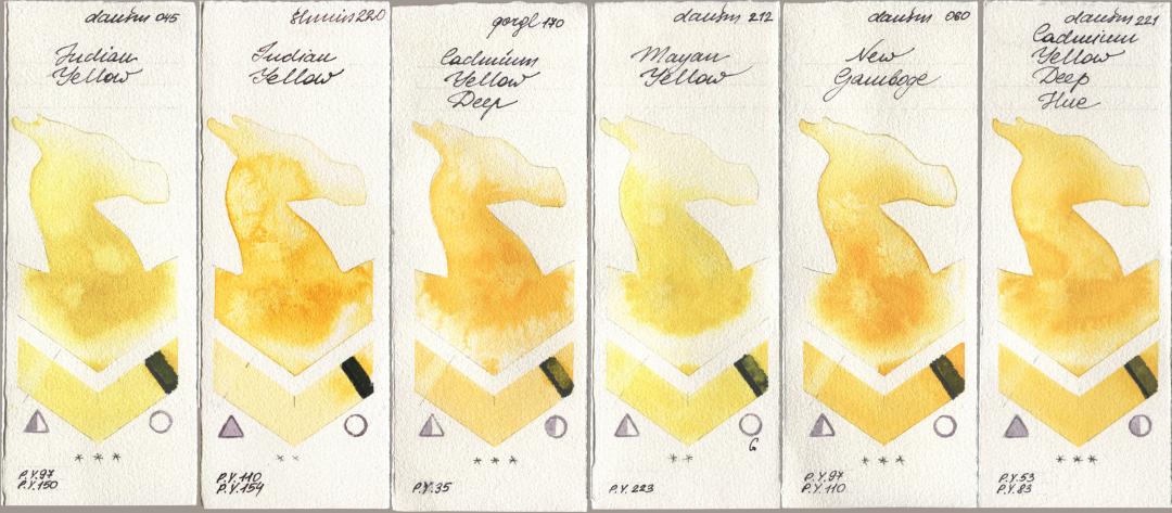 Daniel Smith 045 Indian Yellow, Shminke Horadam Aquarell 220 Indian Yellow, Golden QOR 170 Cadmium Yellow Deep, 212 Mayan Yellow, 060 New Gamboge, 221 Cadmium Yellow Deep H watercolor swatch