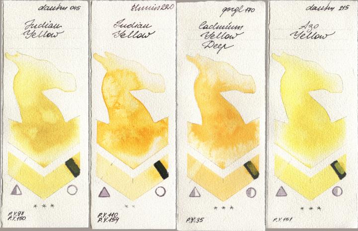 Daniel Smith 045 Indian Yellow, Shminke Horadam Aquarell 220 Indian Yellow, Golden QOR 170 Cadmium Yellow Deep, 215 Azo Yell watercolor swatch