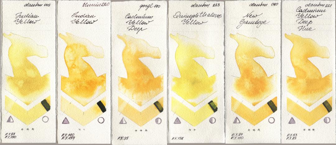 Daniel Smith 045 Indian Yellow, Shminke Horadam Aquarell 220 Indian Yellow, Golden QOR 170 Cadmium Yellow Deep, 223 Quinophthalone Yellow, 060 New Gamboge, 221 Cadmium Yellow Deep H watercolor swatch