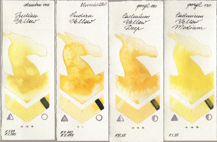Daniel Smith 045 Indian Yellow, Shminke Horadam Aquarell 220 Indian Yellow, Golden QOR 170 Cadmium Yellow Deep, 130 Cadmium Yellow Medi watercolor swatch