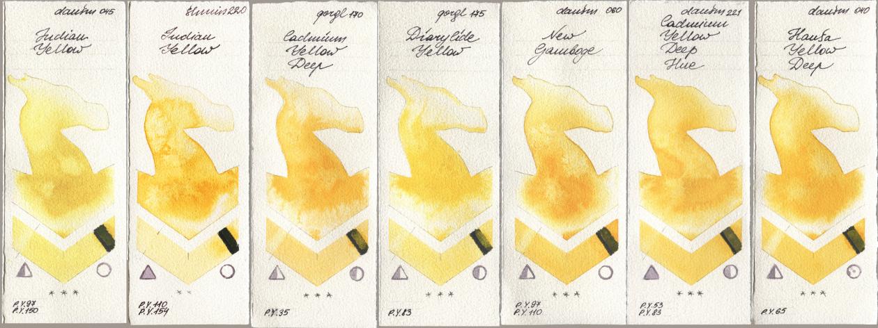 Daniel Smith 045 Indian Yellow, Shminke Horadam Aquarell 220 Indian Yellow, Golden QOR 170 Cadmium Yellow Deep, 175 Diarylide Yellow, 060 New Gamboge, 221 Cadmium Yellow Deep Hue, 040 Hansa Yellow De watercolor swatch