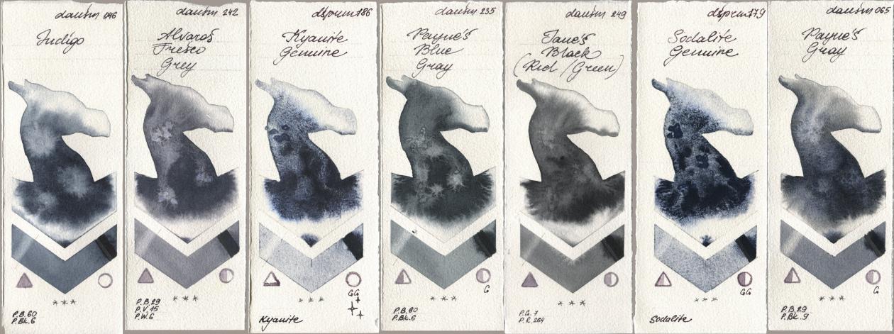 Daniel Smith 046 Indigo, 242 Alvaros Fresco Grey, 186 Kyanite Genuine, 235 Paynes Blue Gray, 249 Janes Black (Red/Green), 179 Sodalite Genuine, 065 Paynes Gr watercolor swatch