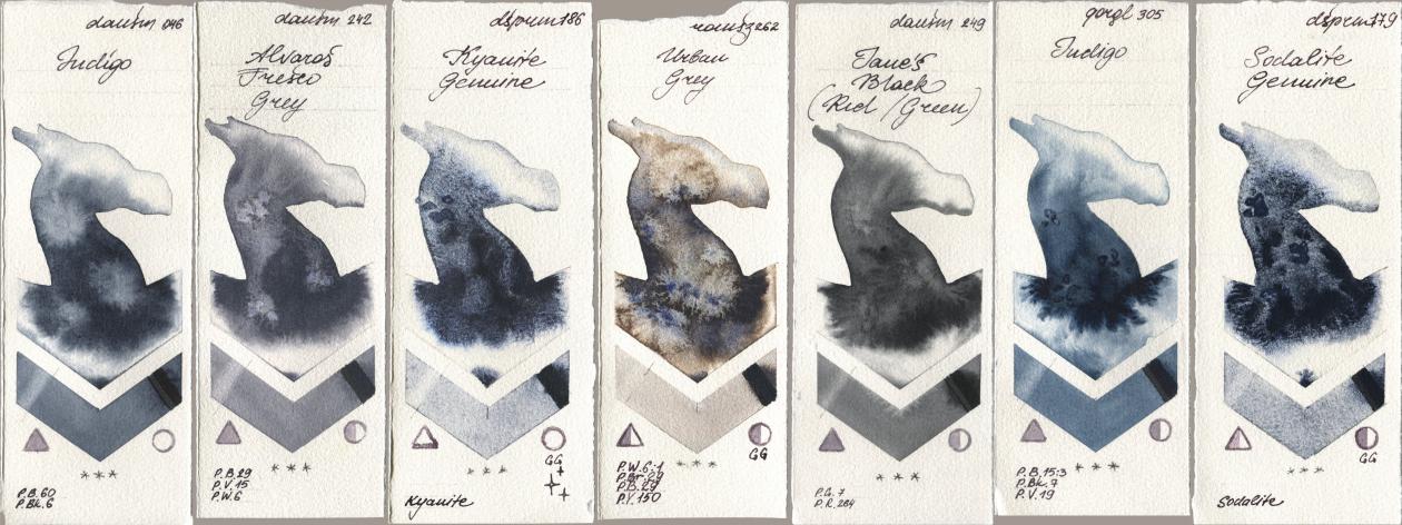 Daniel Smith 046 Indigo, 242 Alvaros Fresco Grey, 186 Kyanite Genuine, Roman Szmal Aquarius 262 Urban Grey, 249 Janes Black (Red/Green), Golden QOR 305 Indigo, 179 Sodalite Genui watercolor swatch