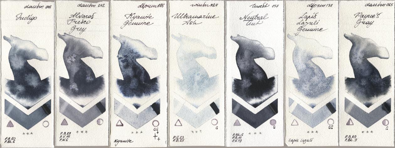 Daniel Smith 046 Indigo, 242 Alvaros Fresco Grey, 186 Kyanite Genuine, Winsor & Newton Professional 424 Ultramarine Ash, Holbein Artists Watercolor 157 Neutral Tint, 138 Lapis Lazuli Genuine, 065 Paynes Gr watercolor swatch