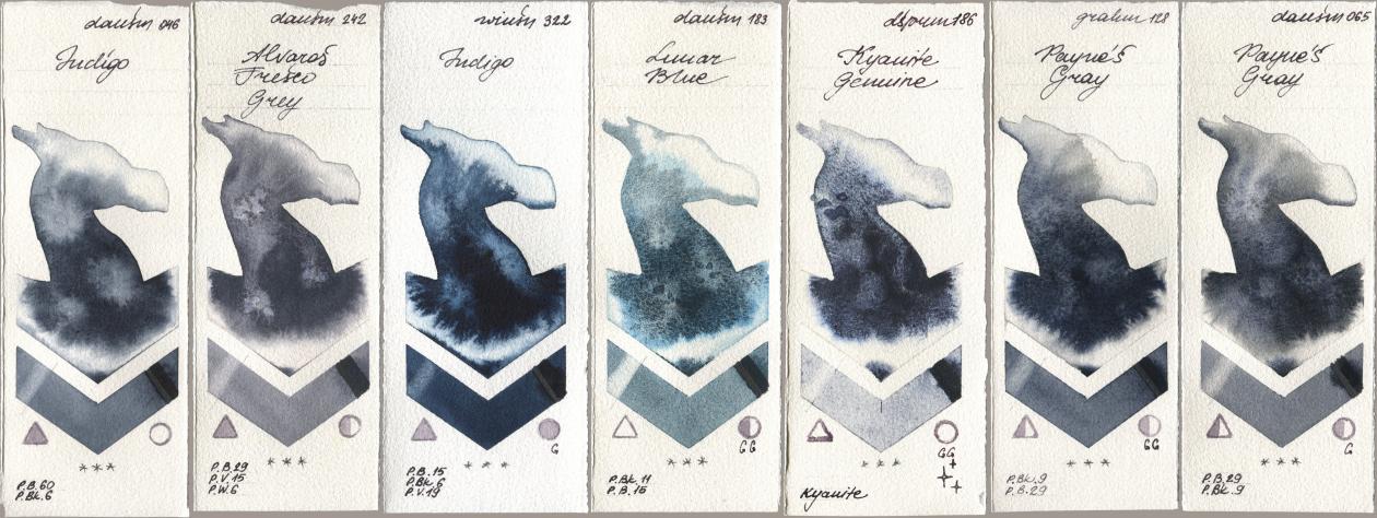 Daniel Smith 046 Indigo, 242 Alvaros Fresco Grey, Winsor & Newton Professional 322 Indigo, 183 Lunar Blue, 186 Kyanite Genuine, M. Graham & Co. Artists 128 Payne’s Gray, 065 Paynes Gr watercolor swatch