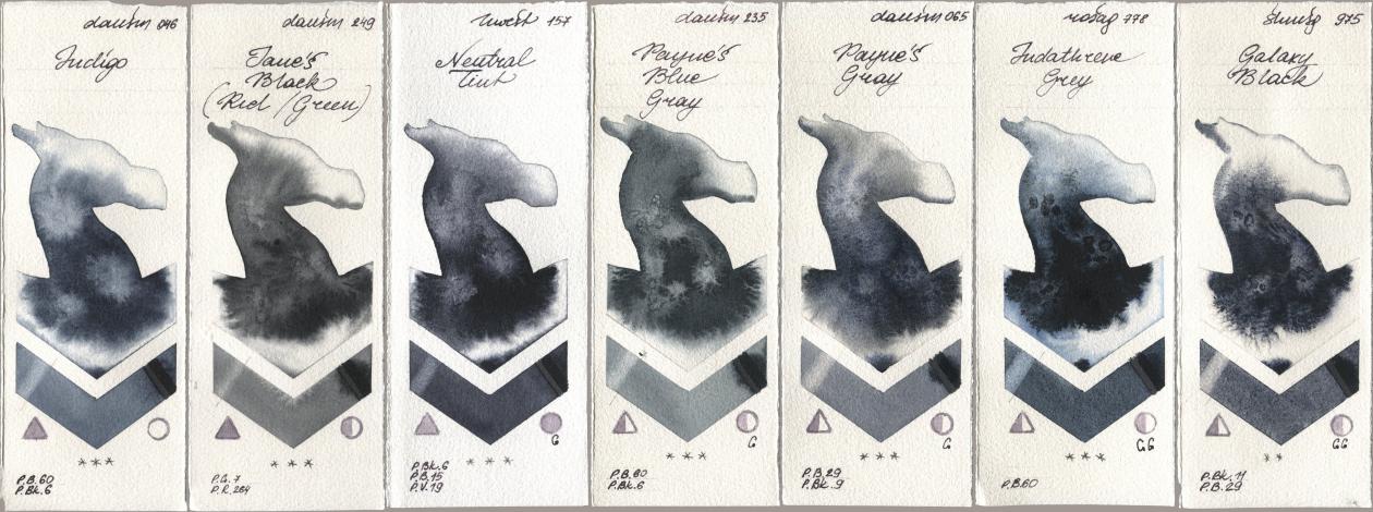 Daniel Smith 046 Indigo, 249 Janes Black (Red/Green), Holbein Artists Watercolor 157 Neutral Tint, 235 Paynes Blue Gray, 065 Paynes Gray, Rosa Gallery 778 Indanthrene Grey, Shminke Horadam Aquarell 975 Galaxy Bla watercolor swatch