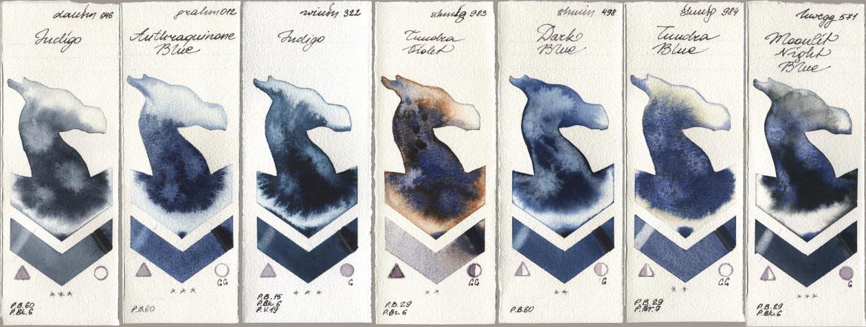 Daniel Smith 046 Indigo, M. Graham & Co. Artists 012 Anthraquinone Blue, Winsor & Newton Professional 322 Indigo, Shminke Horadam Aquarell 983 Tundra Violet, 498 Dark Blue, 984 Tundra Blue, Holbein Artists Watercolor 571 Moonlit Night Bl watercolor swatch