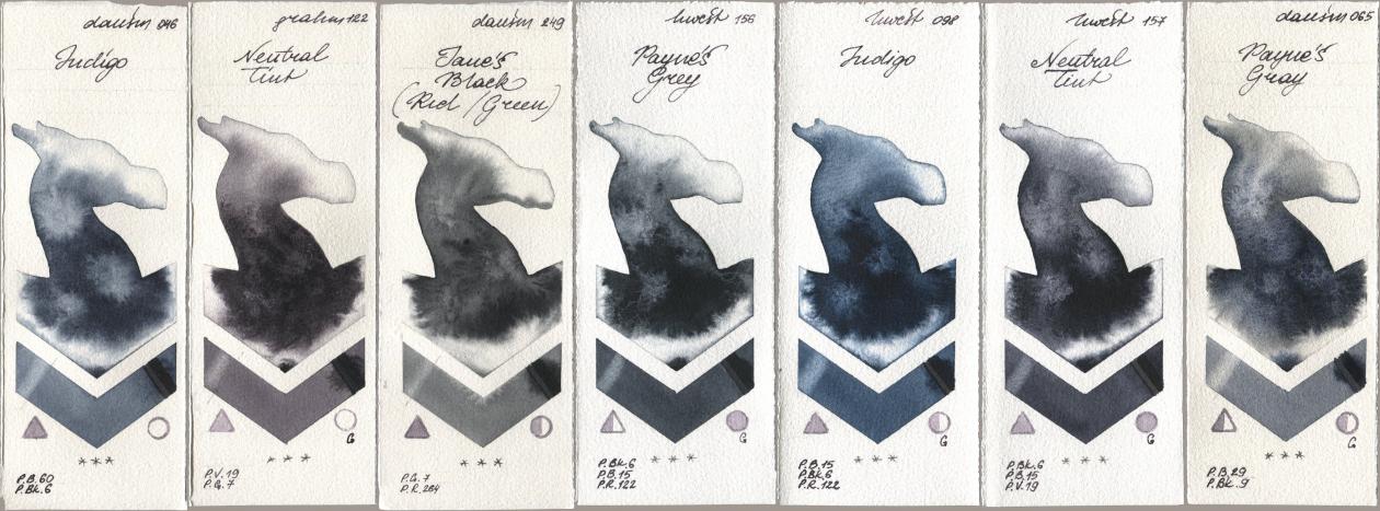 Daniel Smith 046 Indigo, M. Graham & Co. Artists 122 Neutral Tint, 249 Janes Black (Red/Green), Holbein Artists Watercolor 156 Paynes Grey, 098 Indigo, 157 Neutral Tint, 065 Paynes Gr watercolor swatch