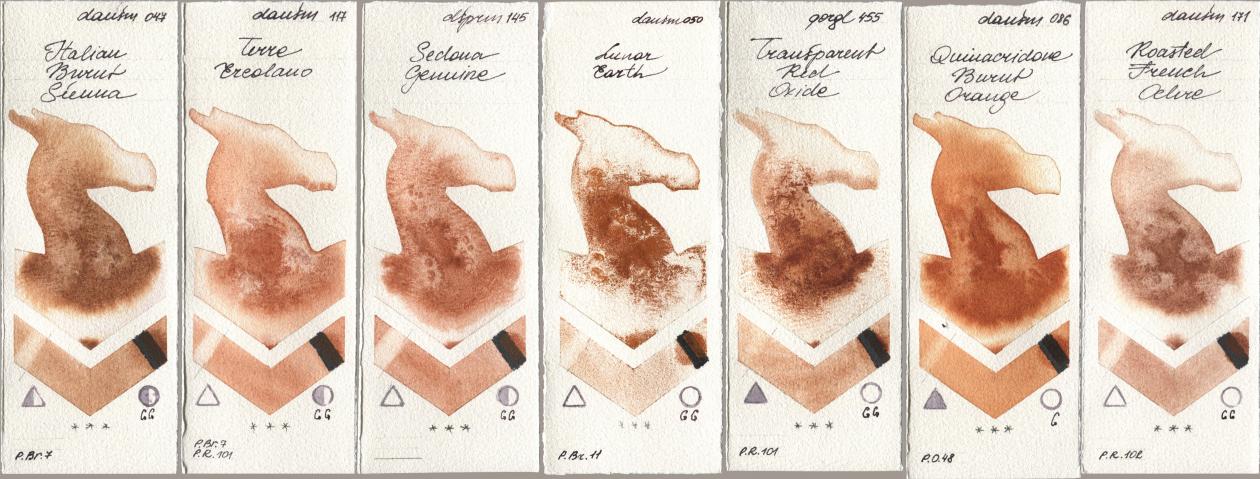 Daniel Smith 047 Italian Burnt Sienna, 117 Terre Ercolano, 145 Sedona Genuine, 050 Lunar Earth, Golden QOR 455 Transparent Red Oxide, 086 Quinacridone Burnt Orange, 171 Roasted French Och watercolor swatch