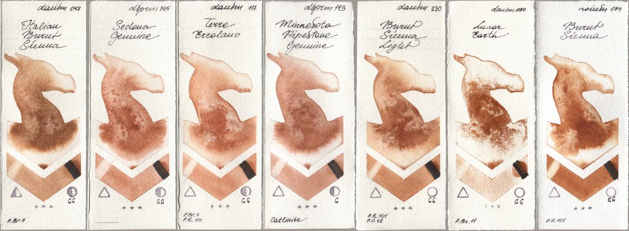 Daniel Smith 047 Italian Burnt Sienna, 145 Sedona Genuine, 117 Terre Ercolano, 143 Minnesota Pipestone Genuine, 230 Burnt Sienna Light, 050 Lunar Earth, Winsor & Newton Professional 074 Burnt Sien watercolor swatch