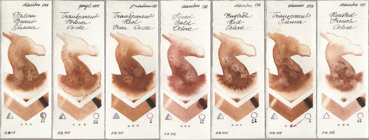 Daniel Smith 047 Italian Burnt Sienna, Golden QOR 475 Transparent Brown Oxide, M. Graham & Co. Artists 187 Transparent Red Iron Oxide, 172 Fired Gold Ochre, 136 English Red Ochre, Shminke Horadam Aquarell 653 Transparent Sienna, 171 Roasted French Och watercolor swatch