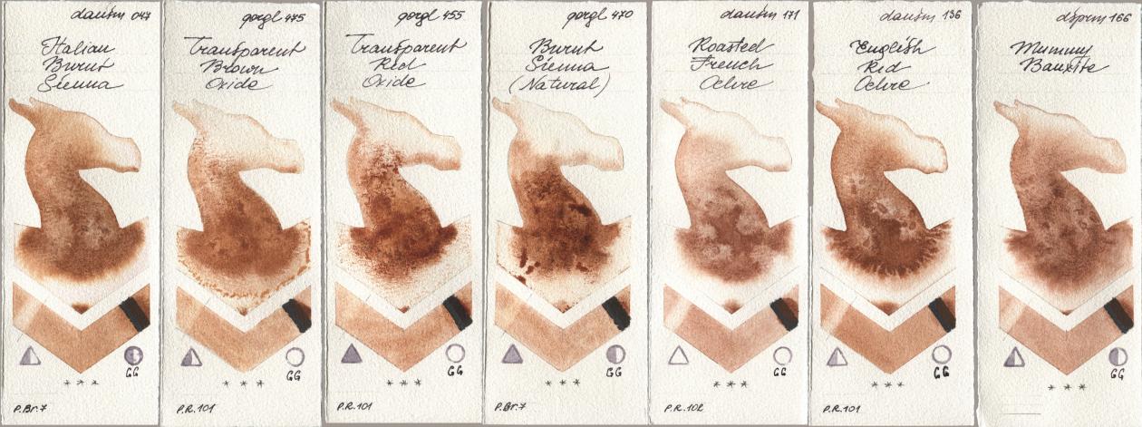 Daniel Smith 047 Italian Burnt Sienna, Golden QOR 475 Transparent Brown Oxide, 455 Transparent Red Oxide, 470 Burnt Sienna (Natural), 171 Roasted French Ochre, 136 English Red Ochre, 166 Mummy Bauxi watercolor swatch