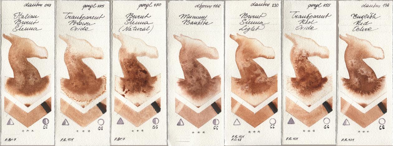 Daniel Smith 047 Italian Burnt Sienna, Golden QOR 475 Transparent Brown Oxide, 470 Burnt Sienna (Natural), 166 Mummy Bauxite, 230 Burnt Sienna Light, 455 Transparent Red Oxide, 136 English Red Och watercolor swatch