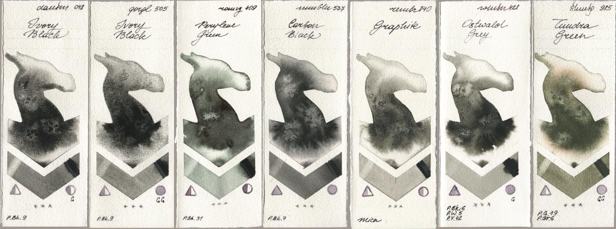 Daniel Smith 048 Ivory Black, Golden QOR 505 Ivory Black, Roman Szmal Aquarius 409 Perylene Green, Maimeri Blu 537 Carbon Black, Royal Talens Rembrandt Watercolour 840 Graphite, Winsor & Newton Professional 428 Ostwald Grey, Shminke Horadam Aquarell 985 Tundra Gre watercolor swatch
