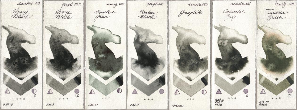 Daniel Smith 048 Ivory Black, Golden QOR 505 Ivory Black, Roman Szmal Aquarius 409 Perylene Green, 500 Carbon Black, Royal Talens Rembrandt Watercolour 840 Graphite, Winsor & Newton Professional 428 Ostwald Grey, Shminke Horadam Aquarell 985 Tundra Gre watercolor swatch