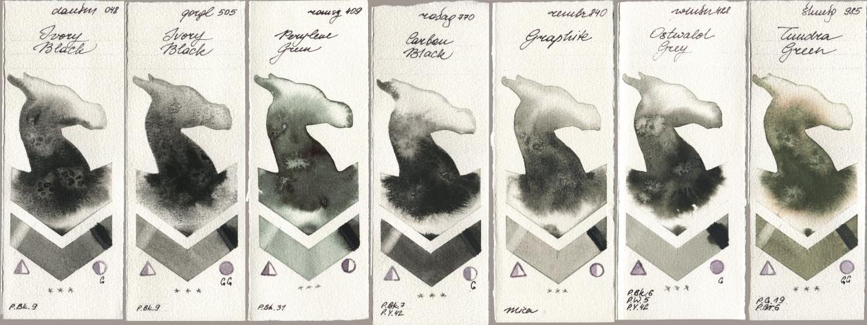 Daniel Smith 048 Ivory Black, Golden QOR 505 Ivory Black, Roman Szmal Aquarius 409 Perylene Green, Rosa Gallery 770 Carbon Black, Royal Talens Rembrandt Watercolour 840 Graphite, Winsor & Newton Professional 428 Ostwald Grey, Shminke Horadam Aquarell 985 Tundra Gre watercolor swatch