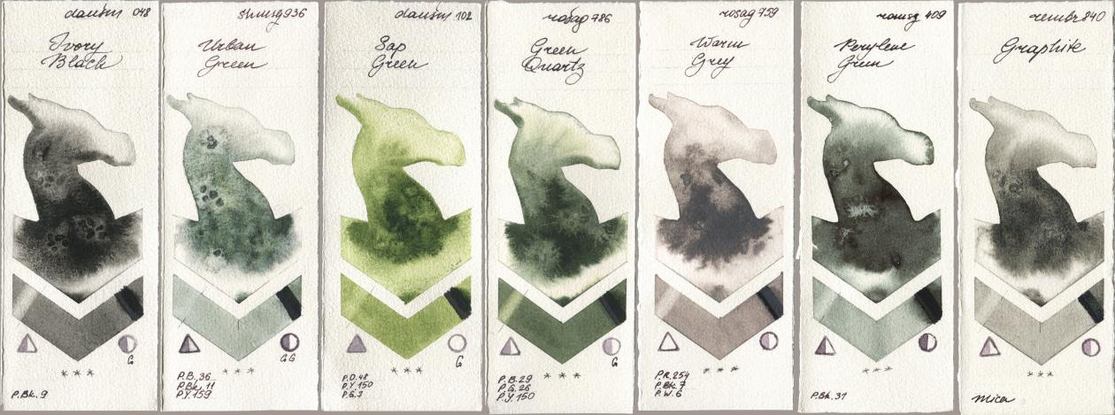 Daniel Smith 048 Ivory Black, Shminke Horadam Aquarell 936 Urban Green, 102 Sap Green, Rosa Gallery 786 Green Quartz, 759 Warm Grey, Roman Szmal Aquarius 409 Perylene Green, Royal Talens Rembrandt Watercolour 840 Graphi watercolor swatch