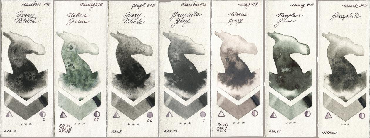 Daniel Smith 048 Ivory Black, Shminke Horadam Aquarell 936 Urban Green, Golden QOR 505 Ivory Black, 038 Graphite Gray, Rosa Gallery 759 Warm Grey, Roman Szmal Aquarius 409 Perylene Green, Royal Talens Rembrandt Watercolour 840 Graphi watercolor swatch