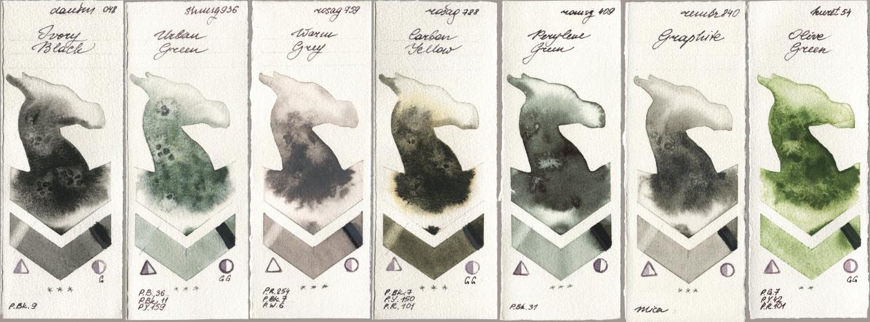 Daniel Smith 048 Ivory Black, Shminke Horadam Aquarell 936 Urban Green, Rosa Gallery 759 Warm Grey, 788 Carbon Yellow, Roman Szmal Aquarius 409 Perylene Green, Royal Talens Rembrandt Watercolour 840 Graphite, Kuretake Gansai Tambi 054 Olive Gre watercolor swatch