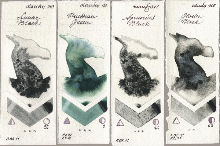 Daniel Smith 049 Lunar Black, 128 Prussian Green, Roman Szmal Aquarius 247 Aquarius Black, Shminke Horadam Aquarell 965 Glacier Bla watercolor swatch
