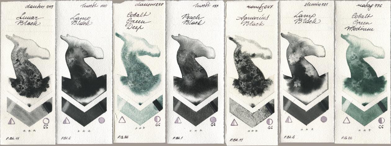 Daniel Smith 049 Lunar Black, Holbein Artists Watercolor 140 Lamp Black, 258 Cobalt Green Deep, 137 Peach Black, Roman Szmal Aquarius 247 Aquarius Black, Shminke Horadam Aquarell 781 Lamp Black, Rosa Gallery 776 Cobalt Green Medi watercolor swatch