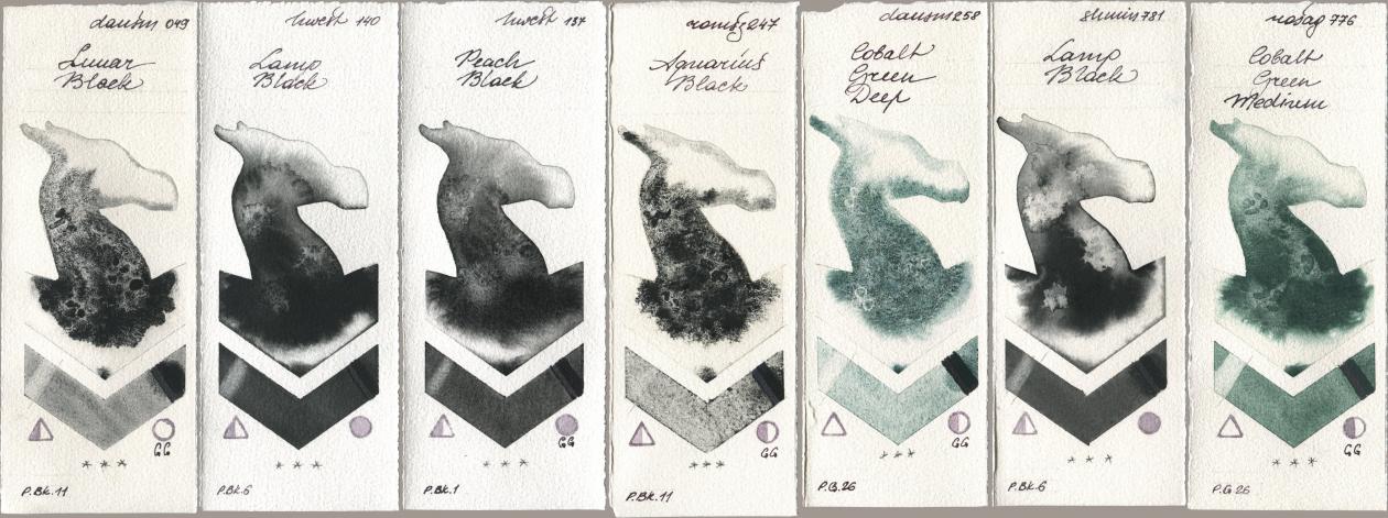 Daniel Smith 049 Lunar Black, Holbein Artists Watercolor 140 Lamp Black, 137 Peach Black, Roman Szmal Aquarius 247 Aquarius Black, 258 Cobalt Green Deep, Shminke Horadam Aquarell 781 Lamp Black, Rosa Gallery 776 Cobalt Green Medi watercolor swatch