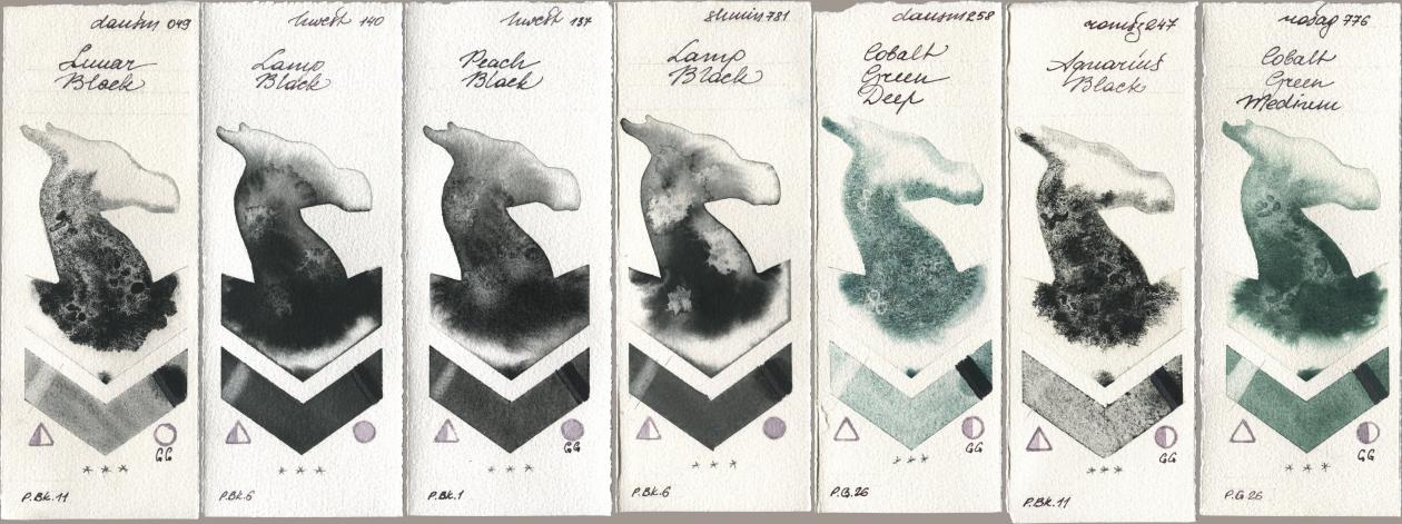 Daniel Smith 049 Lunar Black, Holbein Artists Watercolor 140 Lamp Black, 137 Peach Black, Shminke Horadam Aquarell 781 Lamp Black, 258 Cobalt Green Deep, Roman Szmal Aquarius 247 Aquarius Black, Rosa Gallery 776 Cobalt Green Medi watercolor swatch