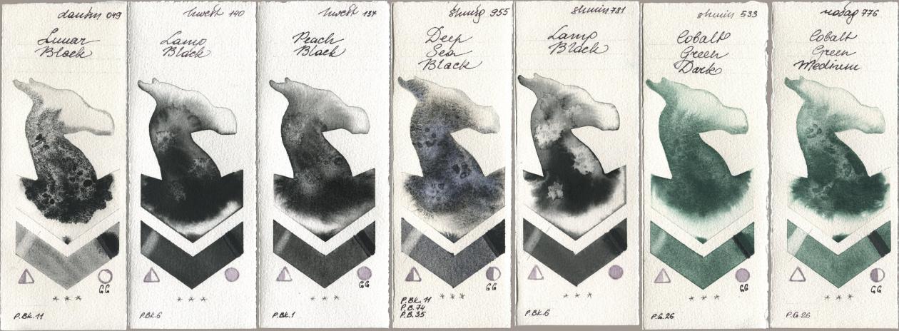 Daniel Smith 049 Lunar Black, Holbein Artists Watercolor 140 Lamp Black, 137 Peach Black, Shminke Horadam Aquarell 955 Deep Sea Black, 781 Lamp Black, 533 Cobalt Green Dark, Rosa Gallery 776 Cobalt Green Medi watercolor swatch