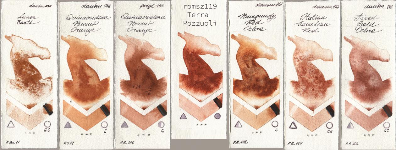 Daniel Smith 050 Lunar Earth, 086 Quinacridone Burnt Orange, Golden QOR 165 Quinacridone Burnt Orange, my 119 pozzuoli, 151 Burgundy Red Ochre, 122 Italian Venetian Red, 172 Fired Gold Och watercolor swatch