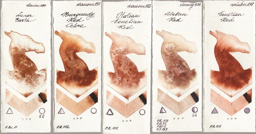 Daniel Smith 050 Lunar Earth vs 151 Burgundy Red Ochre vs 122 Italian Venetian Red vs Shminke Horadam Aquarell 926 Urban Red vs Winsor & Newton Professional 678 Venetian Red watercolor swatch